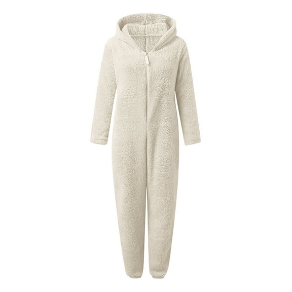 hotojiny Unisex Adult Onesie Pajamas Loose Solid Pj Jumpsuit Plus Size Sherpa Sleepwear Winter Hooded One Piece Loungewear Housecoat