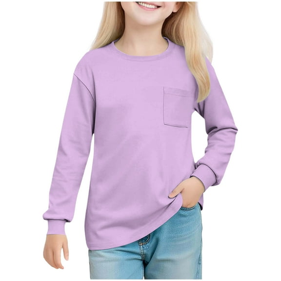 hotojiny Unisex Kids Long Sleeve Shirts Little Boys Girls Solid Color Basic Pullover Lightweight Warm Crew Neck Tees Fall Winter 5-14 Y