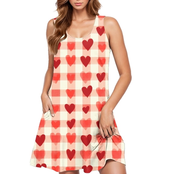 hotojiny Valentine's Day Dress for Women Fashion Cute Heart Print Sleeveless Tank Dress Casual A-Line Flowy Dress