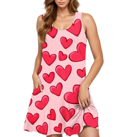hotojiny Valentine's Day Dress for Women Fashion Cute Heart Print Sleeveless Tank Dress Casual A-Line Flowy Dress