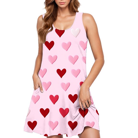 hotojiny Valentine's Day Dress for Women Fashion Cute Heart Print Sleeveless Tank Dress Casual A-Line Flowy Dress