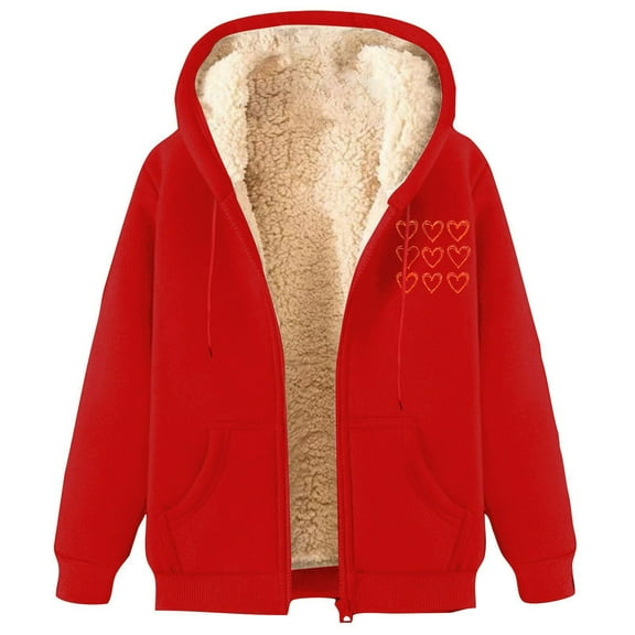 hotojiny Valentine's Day Jacket for Women Winter Warm Fleece Lined Hoodies Oversized Zipper Outerwear Sweatshirts Coats