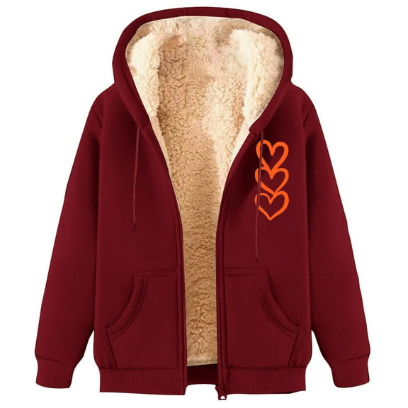 hotojiny Valentine's Day Jacket for Women Winter Warm Fleece Lined Hoodies Oversized Zipper Outerwear Sweatshirts Coats