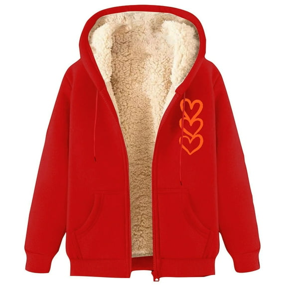 hotojiny Valentine's Day Jacket for Women Winter Warm Fleece Lined Hoodies Oversized Zipper Outerwear Sweatshirts Coats
