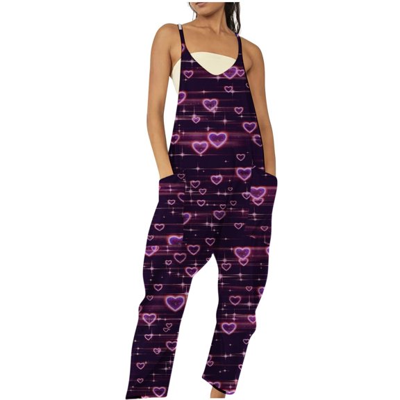 hotojiny Valentine's Day Rompers for Women Spring Fashion Cute Sleeveless Jumpsuits Casual Wide Leg Loose Overalls with Pockets