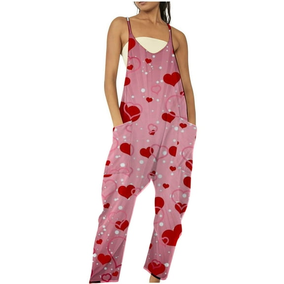 hotojiny Valentine's Day Rompers for Women Spring Fashion Cute Sleeveless Jumpsuits Casual Wide Leg Loose Overalls with Pockets