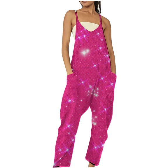 hotojiny Valentine's Day Rompers for Women Spring Fashion Cute Sleeveless Jumpsuits Casual Wide Leg Loose Overalls with Pockets