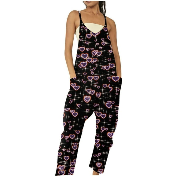 hotojiny Valentine's Day Rompers for Women Spring Fashion Cute Sleeveless Jumpsuits Casual Wide Leg Loose Overalls with Pockets