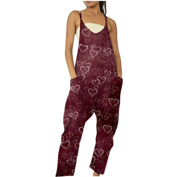hotojiny Valentine's Day Rompers for Women Spring Fashion Cute Sleeveless Jumpsuits Casual Wide Leg Loose Overalls with Pockets