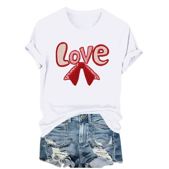 hotojiny Valentine's Day Shirt for Women Trendy Embroidery Summer T-Shirt Crew Neck Plus Size Tee Tops Spring Outfits