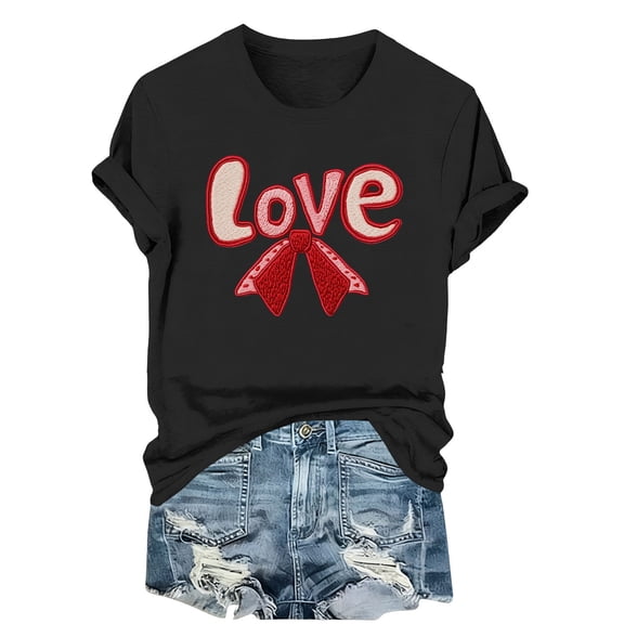 hotojiny Valentine's Day Shirt for Women Trendy Embroidery Summer T-Shirt Crew Neck Plus Size Tee Tops Spring Outfits