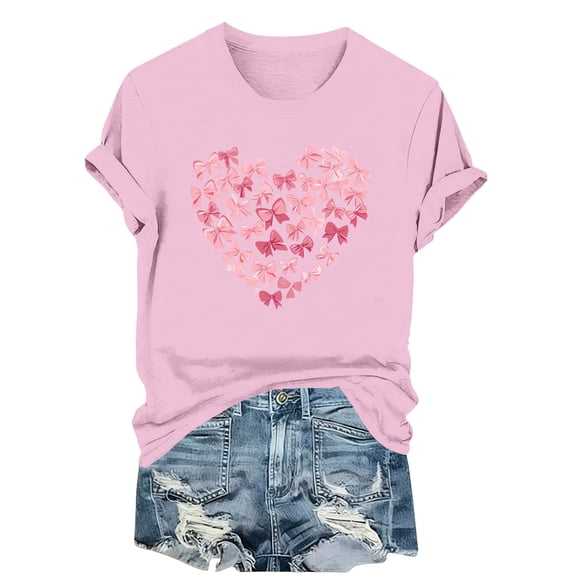 hotojiny Valentine's Day Shirts for Women Heart T-Shirt Casual Graphic Blouse Comfortable Short Sleeve Tees Tops