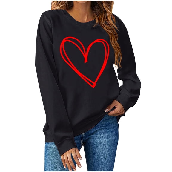 hotojiny Valentine's Day Sweatshirts for Women Fashion Cute Long Sleeve Pullover Tops Casual Heart Print Crewneck Blouse