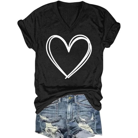 hotojiny Valentine's Day Tops for Women Fashion Cute Heart Print Short Sleeve T Shirts Soft V Neck Casual Blouse