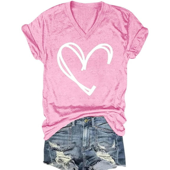 hotojiny Valentine's Day Tops for Women Fashion Cute Heart Print Short Sleeve T Shirts Soft V Neck Casual Blouse
