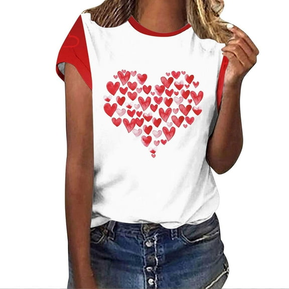 hotojiny Valentine's Day Tops for Women Plus Size Fashion Cute Short Sleeve Crewneck Soft T Shirts Lounge Summer Crewneck Shirts
