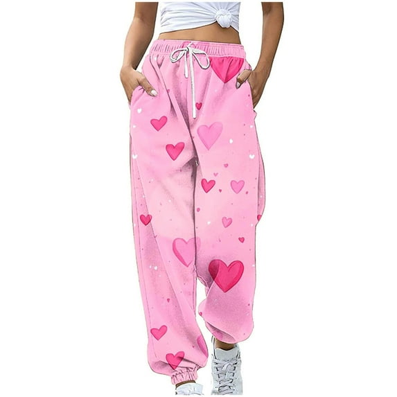 hotojiny Valentines Day Sweatpants for Women Cute Heart Print Running Joggers Casual Loose High Waisted Trousers