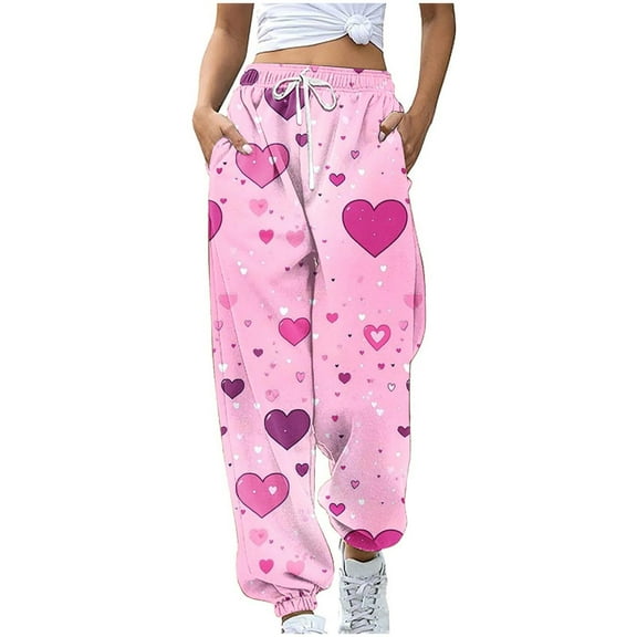 hotojiny Valentines Day Sweatpants for Women Cute Heart Print Running Joggers Casual Loose High Waisted Trousers