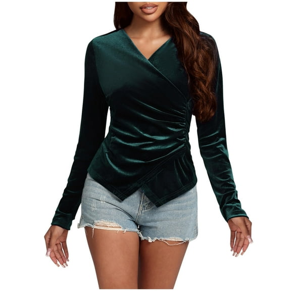 hotojiny Velvet Tops for Women Trendy Spring Long Sleeve Ruched Slim Blouse Elegant Casual V Neck Dressy Shirts