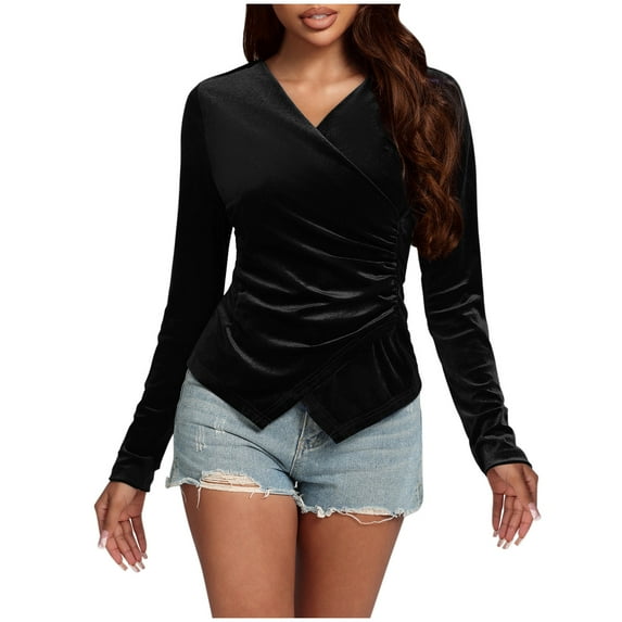 hotojiny Velvet Tops for Women Trendy Spring Long Sleeve Ruched Slim Blouse Elegant Casual V Neck Dressy Shirts