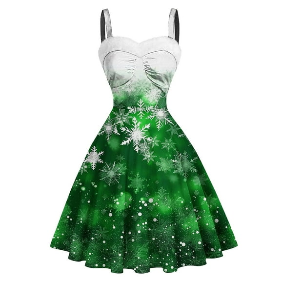 hotojiny Vintage Christmas Dress for Womens Sleeveless Strap Printed Dress Winter Cocktail Party Midi Dress