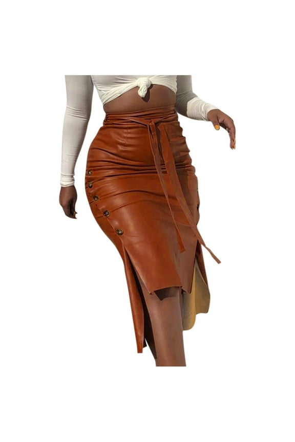 Vintage Pu Leather Pencil Skirt for Women Button Split Skirt with Belt High Waisted Pencil Skirts for Work Skirts for Women