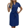 thumbnail image 1 of hotojiny Wedding Guest Dress for Women Elegant Collar V Neck Short Sleeve Midi Dresses Spring Tie up Solid Business Work Dresses, 1 of 7