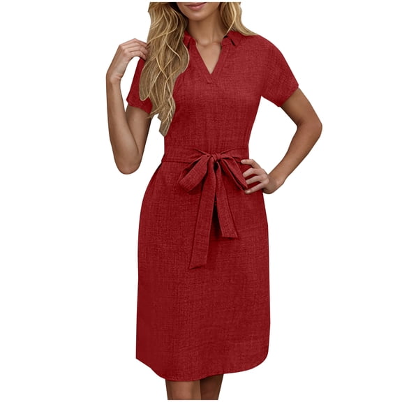 hotojiny Wedding Guest Dress for Women Elegant Collar V Neck Short Sleeve Midi Dresses Spring Tie up Solid Business Work Dresses