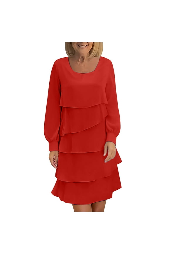 Wedding Guest Dress for Women Elegant Long Sleeve Loose Travel Dresses Fashion Square Neck Layer Formal Cocktail Dress