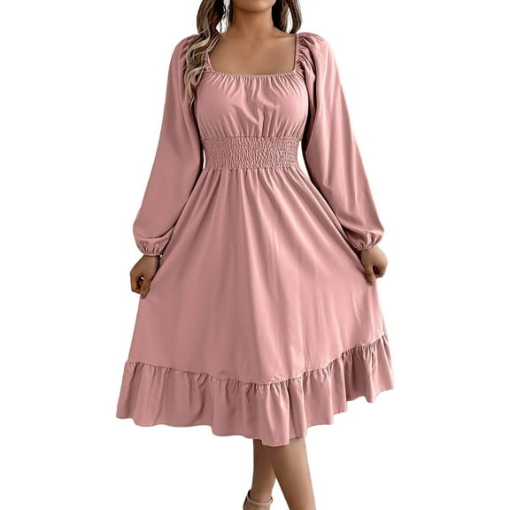 hotojiny Wedding Guest Dresses for Women Casual Long Sleeve Beach Smocked Dresses Vintage Square Neck Ruffle Hem Flowy Sundress