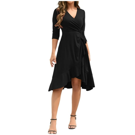 hotojiny Wedding Guest Dresses for Women Elegant V Neck Ruffle Half Sleeve Midi Dress Evening Party Cocktail Formal Dress