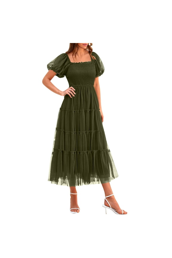 Wedding Guest Dresses for Women Formal Short Sleeve Mesh Tiered Maxi Cocktail Dress Trendy Smocked Waist Dress