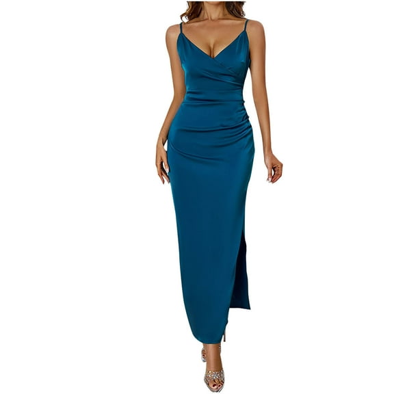 hotojiny Wedding Guest Dresses for Women Satin Silk Ruched Bodycon Maxi Dresses V Neck Spaghetti Strap Slit Party Cocktail Dresses