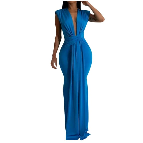 hotojiny Wedding Guest Dresses for Women Sleeveless Deep V Neck Bodycon Dresses Cocktail Party Club Maxi Dress