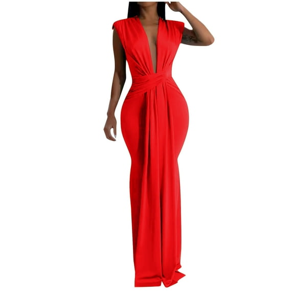 hotojiny Wedding Guest Dresses for Women Sleeveless Deep V Neck Bodycon Dresses Cocktail Party Club Maxi Dress