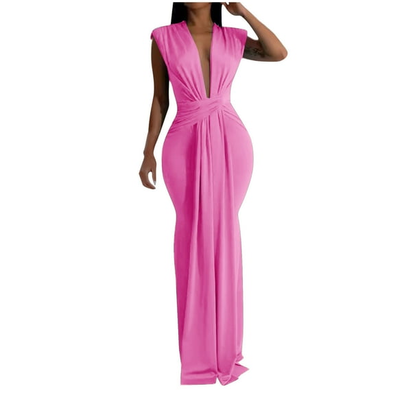 hotojiny Wedding Guest Dresses for Women Sleeveless Deep V Neck Bodycon Dresses Cocktail Party Club Maxi Dress