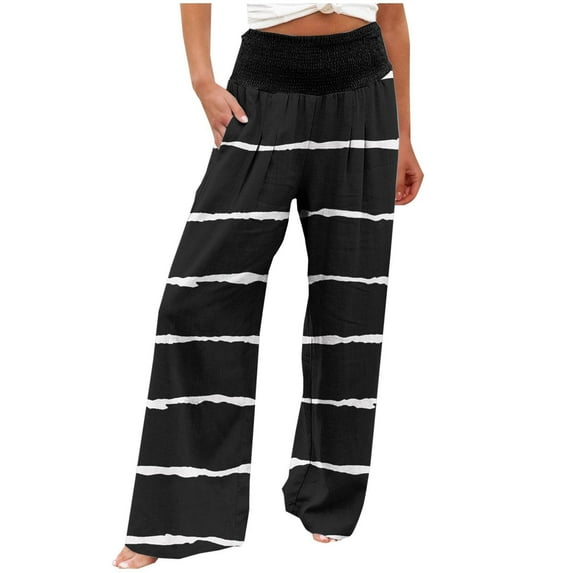 hotojiny Wide Leg Linen Pants for Women High Waisted Lounge Palazzo Pants Loose Printed Trousers with Pockets