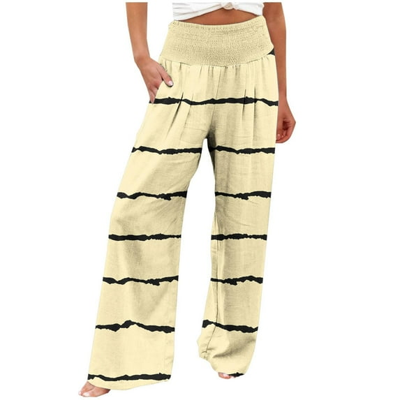 hotojiny Wide Leg Linen Pants for Women High Waisted Lounge Palazzo Pants Loose Printed Trousers with Pockets