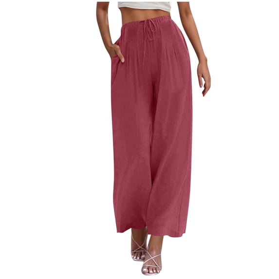 hotojiny Wide Leg Pants Woman Flowy Cotton Linen Summer Cropped Pants Solid Color Drawstring Waist Beach Trousers with Pockets