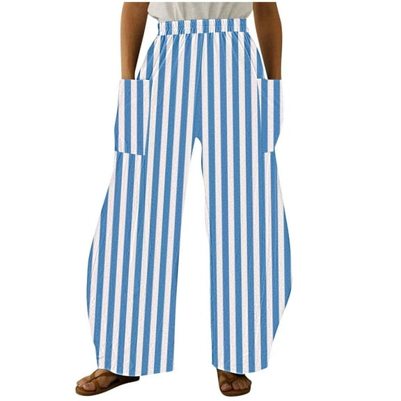 hotojiny Wide Leg Pants for Women Casual Baggy Striped Lightweight Trousers Lounge Beach Vacation Pants with Pockets