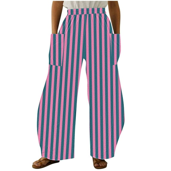 hotojiny Wide Leg Pants for Women Casual Baggy Striped Lightweight Trousers Lounge Beach Vacation Pants with Pockets