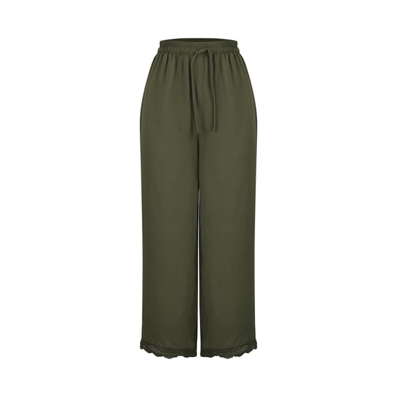 hotojiny Wide Leg Pants for Women Elastic Drawstring High Waist Lounge Pants Lace Trim Solid Color Trousers for Business Casual