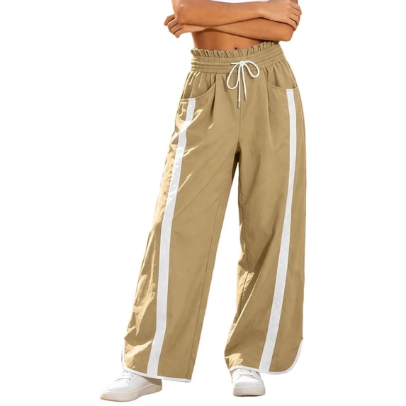 hotojiny Wide Leg Pants for Women Fashion High Waist Side Striped Baggy Sweat Pants Drawstring Athletic Casual Pants(Khaki,X-Large)