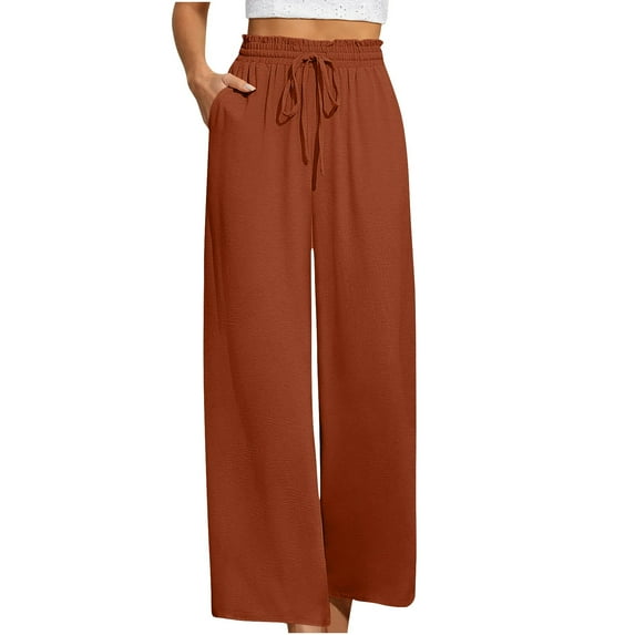 hotojiny Wide Leg Pants for Women Summer Solid Color Palazzo Pant Drawstring Flowy Beach Cropped Pants with Pockets