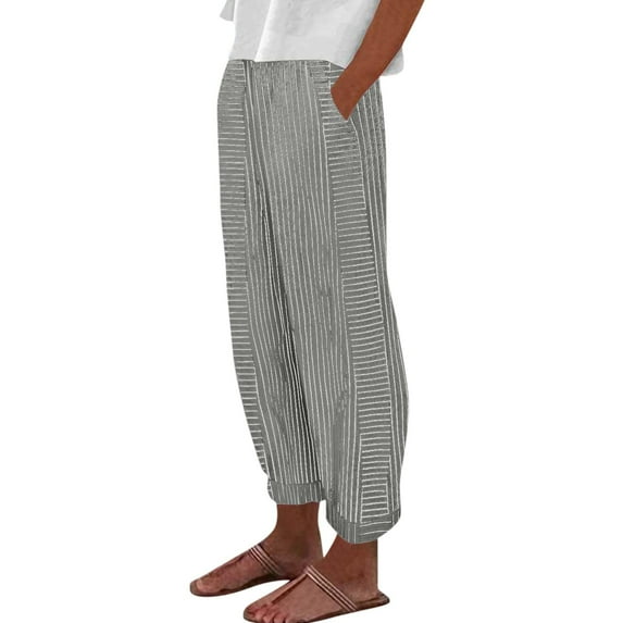 hotojiny Wide Leg Pants for Womens Elastic Waisted Cropped Casual Trousers Striped Loose Beach Pants with Pockets
