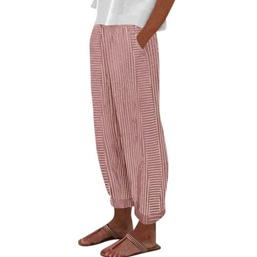 hotojiny Wide Leg Pants for Womens Elastic Waisted Cropped Casual Trousers Striped Loose Beach Pants with Pockets