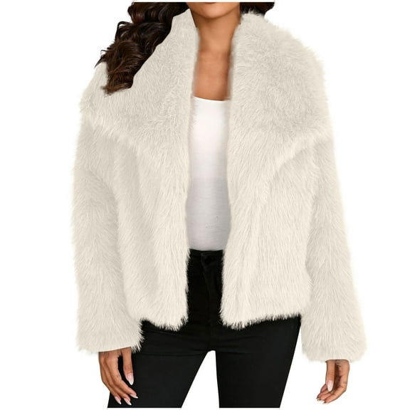 hotojiny Winter Cropped Coats for Women Fuzzy Long Sleeve Lapel Collar Jackets Open Front Solid Warm Outerwear