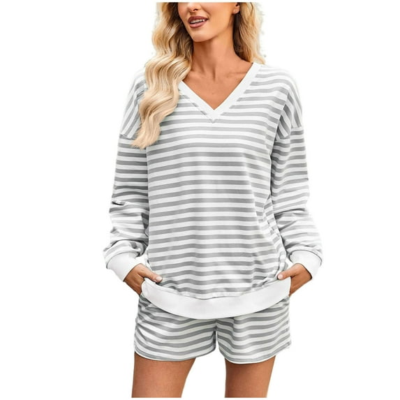 hotojiny Women 2 Piece Outfits Lounge Sets Fashion Striped Long Sleeve V Neck Sweatshirt and Shorts Set Fall Sweatsuit S-XL