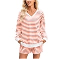 thumbnail image 1 of hotojiny Women 2 Piece Outfits Lounge Sets Fashion Striped Long Sleeve V Neck Sweatshirt and Shorts Set Fall Sweatsuit S-XL, 1 of 7