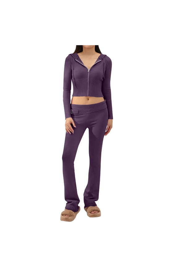 Women 2 Piece Outfits Workout Bodycon Tracksuit Cropped Long Sleeve Zip up Hoodie Jacket Matching Flared Leggings Sets